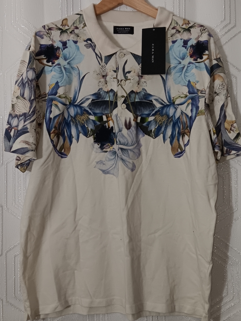 ZARA MAN Baige Floral Print Polo Short Sleeve Shirt Mens SZ XL